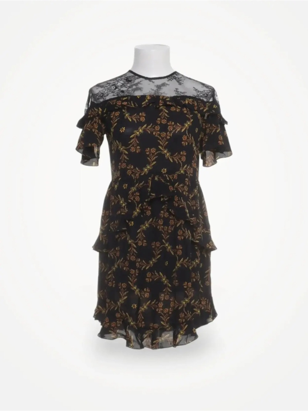 Sandro Black Floral Lace-Yoke Ruffle Mini Dress with Gold Butterflies